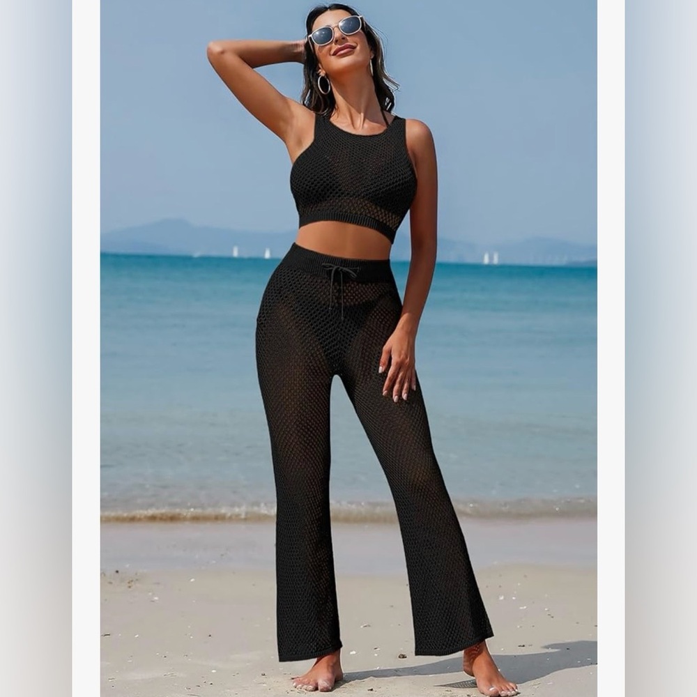 NEW Swimsuit Cover Up Set 2 Pc Crochet Sleeveless Crop Top Wide Leg Long Pants S - Picture 5 of 6